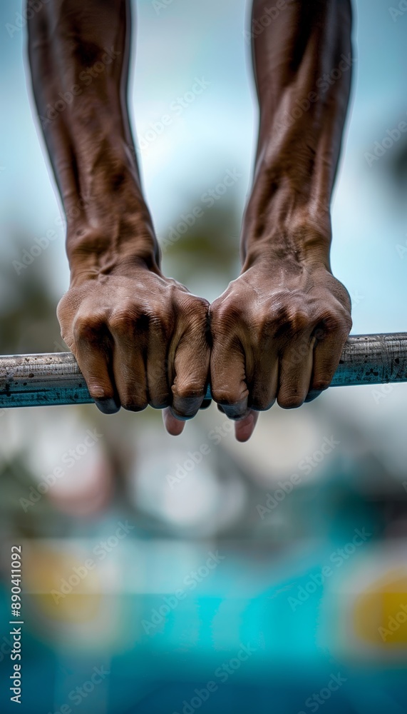 Poster dynamic close-up of high jumper's hands setting up bar for next height in track and field event