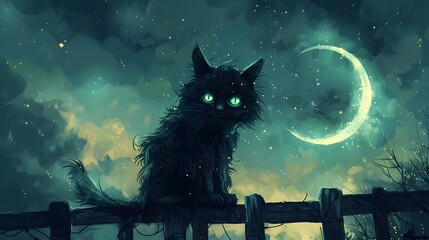 A black cat with glowing green eyes sitting on a fence under a crescent moon