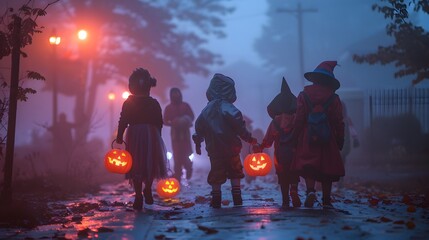 A group of children in Halloween costumes trick-or-treating on a foggy night