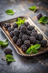 Fresh blackberries with mint leaves on a metal tray.