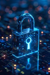 Advanced cybersecurity concept with a digital padlock on a blue binary code data background