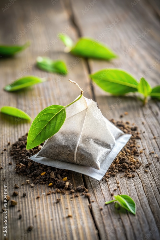 Sticker Fresh tea leaves next to an elegant tea bag.