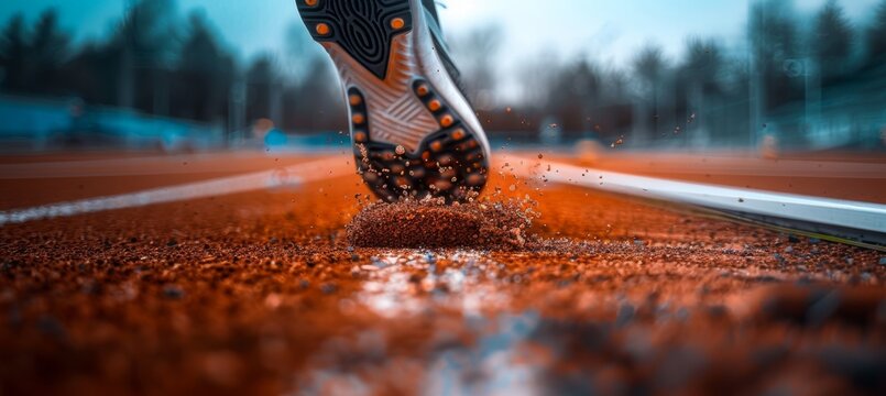 Close-Up Action Shot of Long Jump Spike Leaving Perfect Footprint on Track for Sports Design
