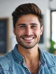 Obraz premium A person with a friendly expression wearing a denim shirt, suitable for portraits or lifestyle images