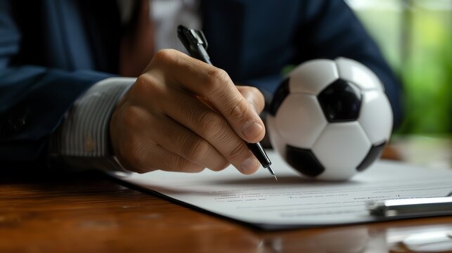Businessman signing a contract with a soccer ball, closeup