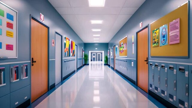 A long, empty school hallway with gray lockers, doors, and a tiled floor.