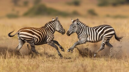 Two zebras playfully interacting on a grassy plain in a savannah setting, showcasing their distinctive black and white stripes.