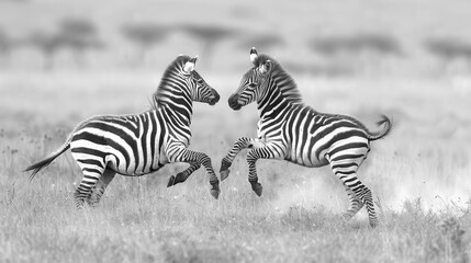 Two zebras playfully interacting in the wild, showcasing their natural habitat and unique black-and-white striped patterns in a grassland.