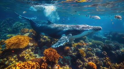 Obraz premium A majestic humpback whale swimming through a colorful coral reef, showcasing vibrant marine life and underwater beauty.