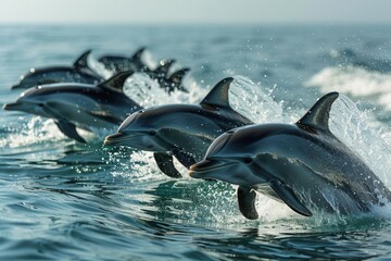 Obraz premium A pod of dolphins jumping through the ocean waves, showcasing vibrant marine life and the beauty of aquatic wildlife in natural habitat.