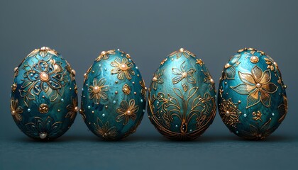 Five elegant blue and gold decorated Easter eggs on a solid blue background