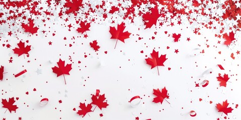 Scattered maple leaves in shades of red and white, placed on a clean white surface