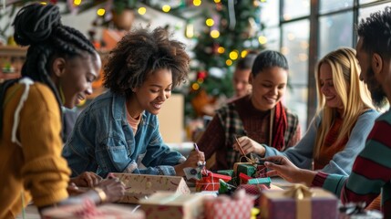 Diverse Group Enjoying Holiday Gift Exchange Workshop in Creative Environment