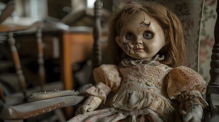 A creepy doll with cracked porcelain skin sitting in an old rocking chair