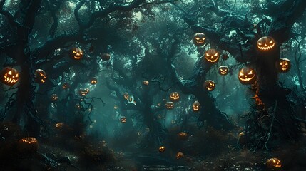 A haunted forest with twisted trees and glowing jack-o'-lanterns hanging from branches