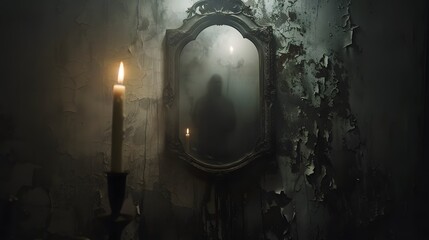 A ghostly figure emerging from a mirror in a dark, candle-lit room
