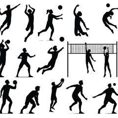 various volleyball poses in black and white silhouette