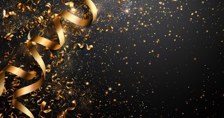 Golden ribbons and glittering confetti on a dark background, creating a luxurious and joyous celebration vibe.