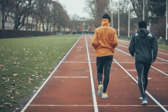 Personal Training Session: Fitness Coach Guides Racewalker on City Track for Technique and Motivation