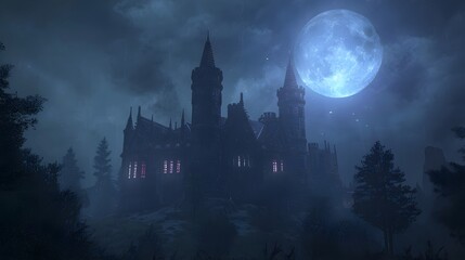 A dark and eerie castle with glowing windows and a full moon behind it