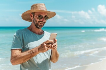 Man in straw hat and sunglasses enjoying beach time