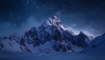 Snowcovered mountain peak under a starry sky Wideangle, crisp, tranquil night