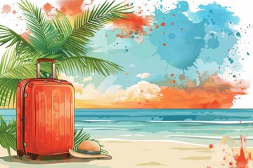 Fototapeta premium Vacation Beach Scene with Red Suitcase and Palm Trees