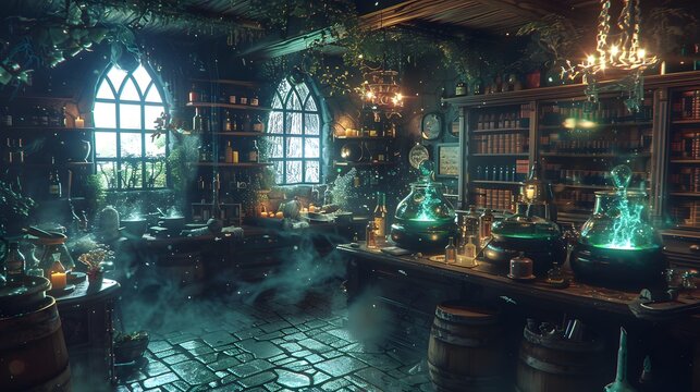 A witch s potion room with bubbling cauldrons and glowing bottles