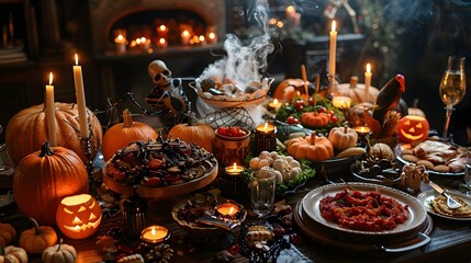 A spooky Halloween feast with eerie decorations and ghostly figures