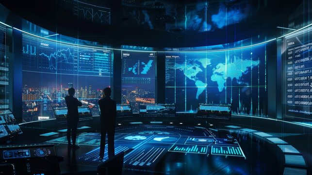 Futuristic Forex Trading Hub with Advanced Holographic Displays - Traders Analyzing Global Market Data