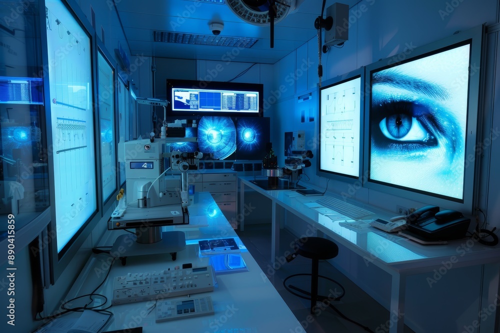 Poster high-tech research lab with surveillance cameras ensuring facility security and experiment monitorin