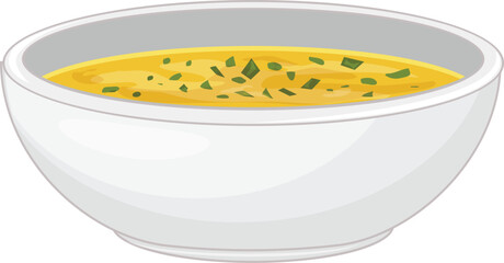 Ceramic bowl is filled with hot chicken soup, garnished with fresh parsley