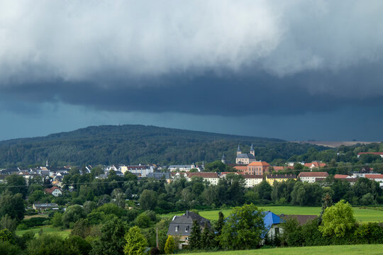Storm clouds gathering over the town of Rochlitz in Saxony, Germany