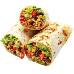 Tortilla wrap with vegetables and meat isolated on white background