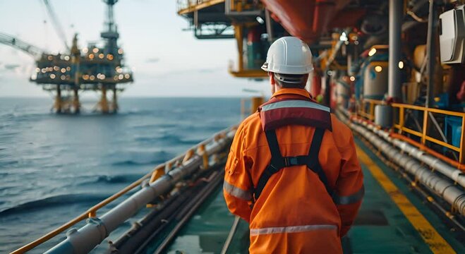 Worker in orange safety gear and helmet, looking at an offshore oil rig in the ocean.
