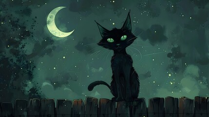 A black cat with glowing green eyes sitting on a fence under a crescent moon