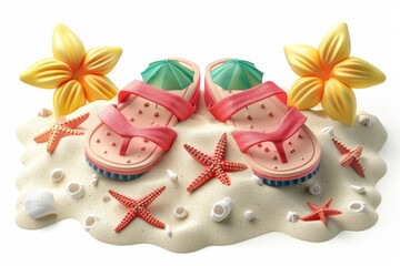 Summer Beach Scene with Sandals and Starfish on Sand