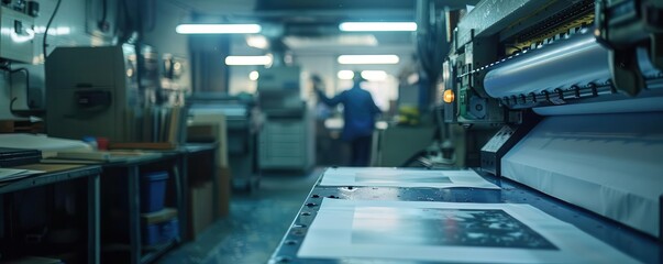 Fototapeta premium Printing workshop with canvas and paper printers in 3D, focus on machinery and workspace, creative theme, realistic, manipulation, industrial backdrop