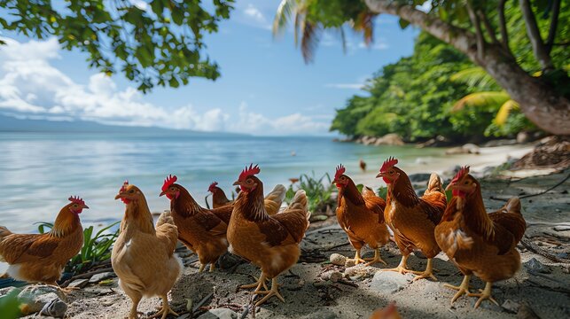 Island chicken farm, tropical setting, hens enjoying beach views, serene and unique farming location, exotic agriculture