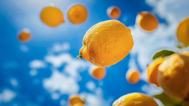 Under the sunlight, a plethora of lemons are suspended in the ai