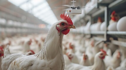 Modern chicken farm with drone egg collection, efficient technology, white hens in clean coops, futuristic and innovative farming