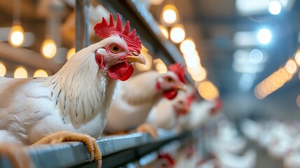 Modern chicken farm with drone technology, clean and efficient egg collection, white hens in spacious coops, futuristic agriculture