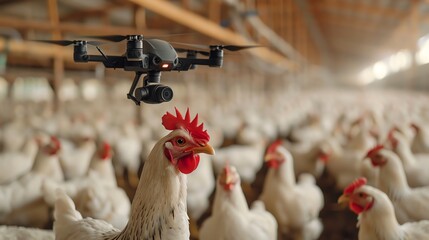 Modern farm with drone technology, efficient egg collection, white hens in clean coops, futuristic and innovative farming