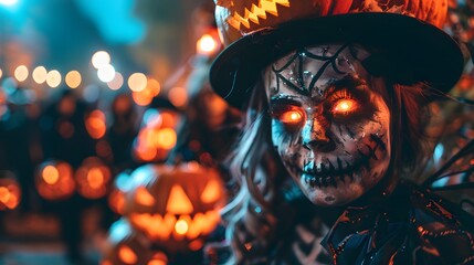 A spooky Halloween party with people in elaborate costumes and eerie decorations