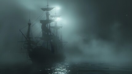 A ghost ship sailing through foggy waters under a dark sky