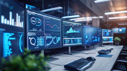 Fototapeta premium Modern IT Office with Multiple Screens Displaying Real-Time Data Exchange Metrics and Analytics