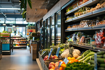 Inside a supermarket, the produce section is filled with fresh, organic veggies.