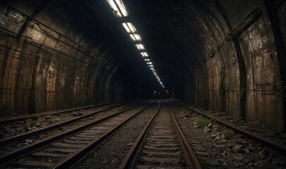 Fototapeta premium Dark abandoned tunnel with railroad tracks at night.