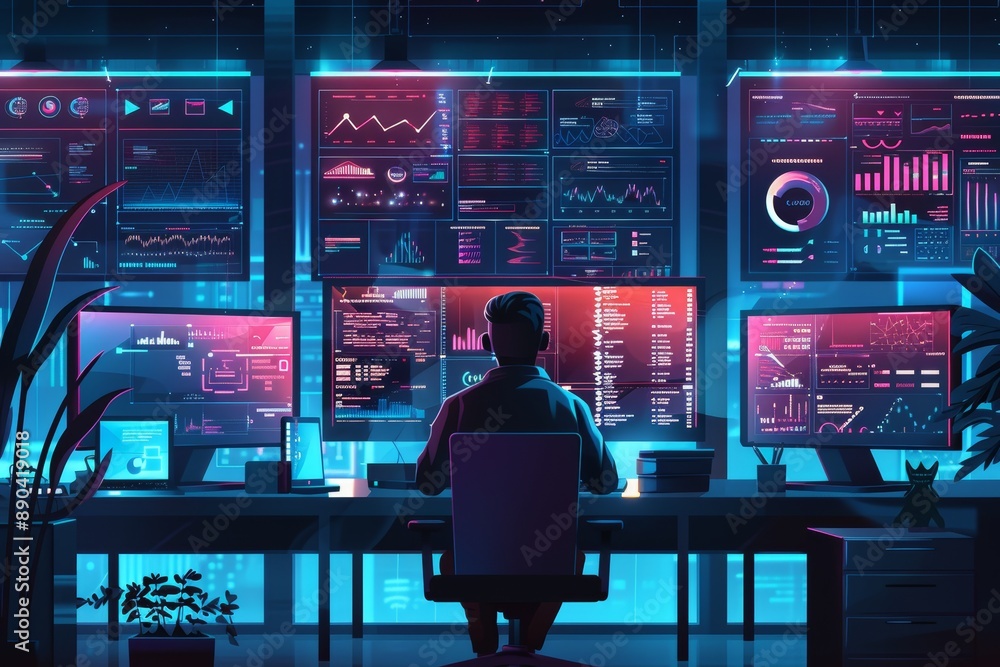 Poster nighttime data monitoring in modern office with tech professional overseeing multiple screens