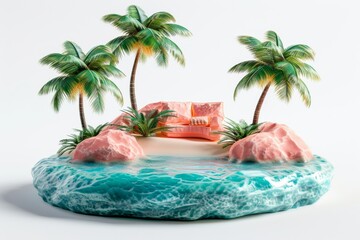 Tropical Island with Palm Trees and Pink Sunbeds